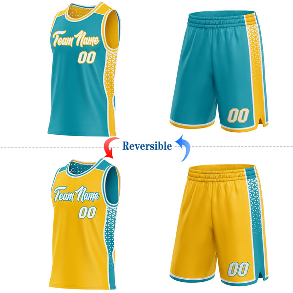 Custom Teal White-Gold Side Panel Stripe Geometric Triangle Gradient Dot Reversible Double Side Sublimation Basketball Set Jersey