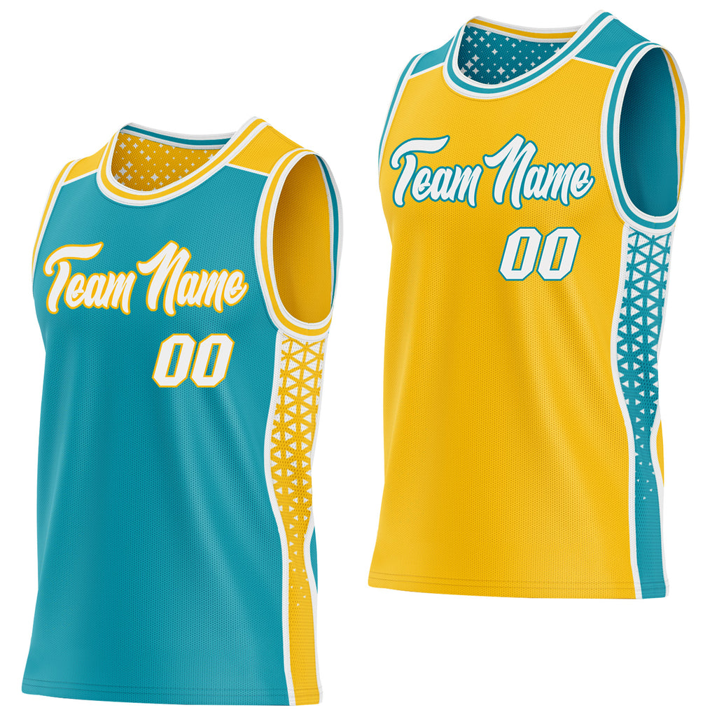 Custom Teal White-Gold Side Panel Stripe Geometric Triangle Gradient Dot Reversible Double Side Sublimation Basketball Set Jersey