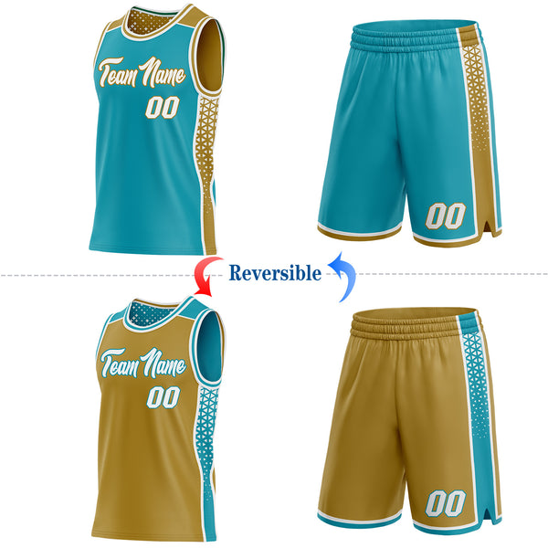 Custom Teal White-Old Gold Side Panel Stripe Geometric Triangle Gradient Dot Reversible Double Side Sublimation Basketball Set Jersey