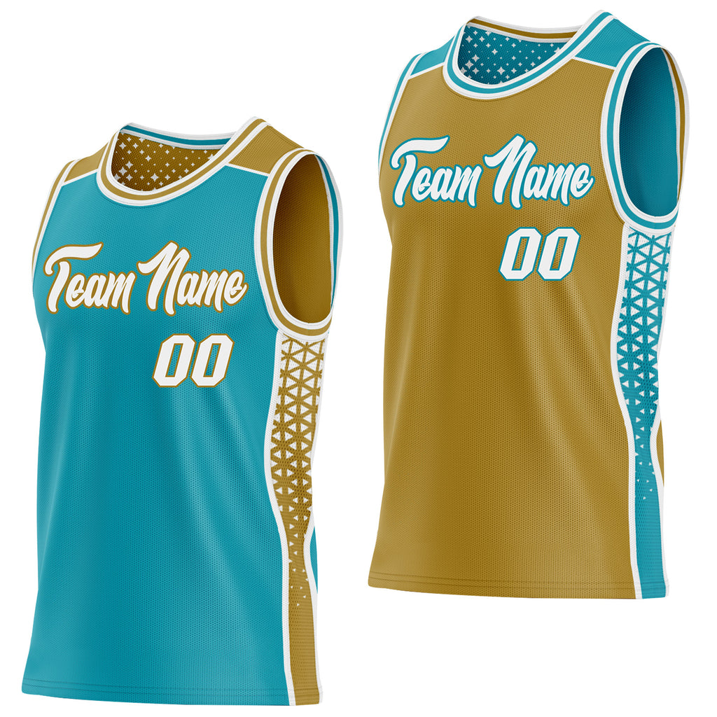 Custom Teal White-Old Gold Side Panel Stripe Geometric Triangle Gradient Dot Reversible Double Side Sublimation Basketball Set Jersey