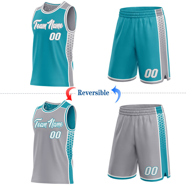 Custom Teal White-Gray Side Panel Stripe Geometric Triangle Gradient Dot Reversible Double Side Sublimation Basketball Set Jersey