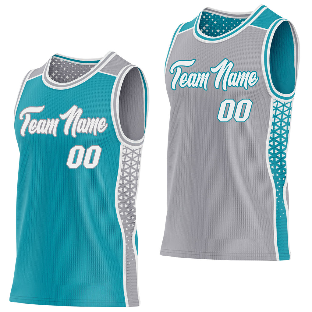 Custom Teal White-Gray Side Panel Stripe Geometric Triangle Gradient Dot Reversible Double Side Sublimation Basketball Set Jersey