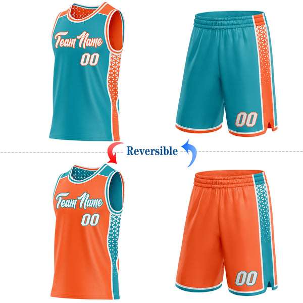 Custom Teal White-Orange Side Panel Stripe Geometric Triangle Gradient Dot Reversible Double Side Sublimation Basketball Set Jersey