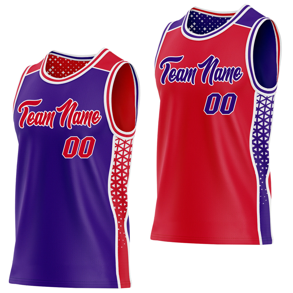 Custom Purple Red-White Side Panel Stripe Geometric Triangle Gradient Dot Reversible Double Side Sublimation Basketball Set Jersey