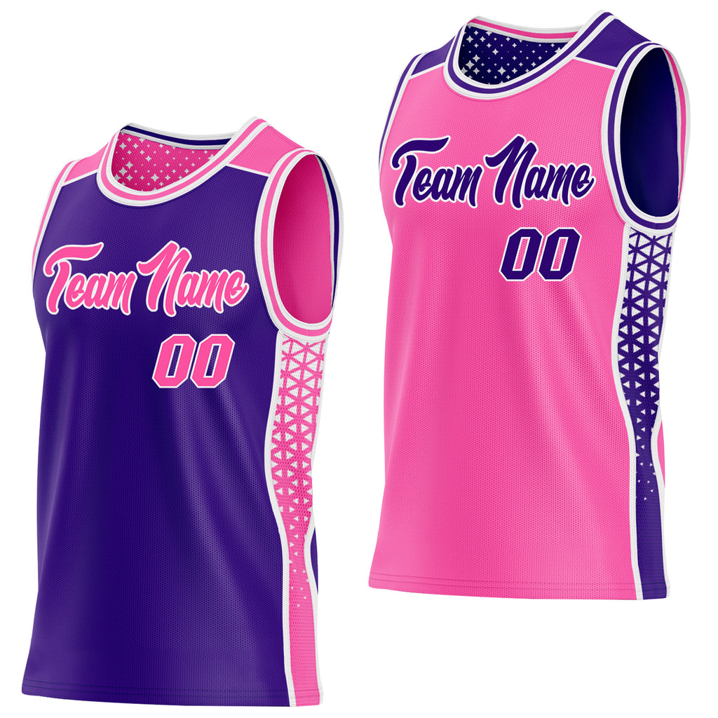 Custom Purple Pink-White Side Panel Stripe Geometric Triangle Gradient Dot Reversible Double Side Sublimation Basketball Set Jersey
