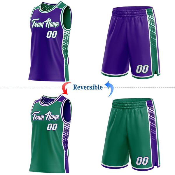 Custom Purple White-Kelly Green Side Panel Stripe Geometric Triangle Gradient Dot Reversible Double Side Sublimation Basketball Set Jersey