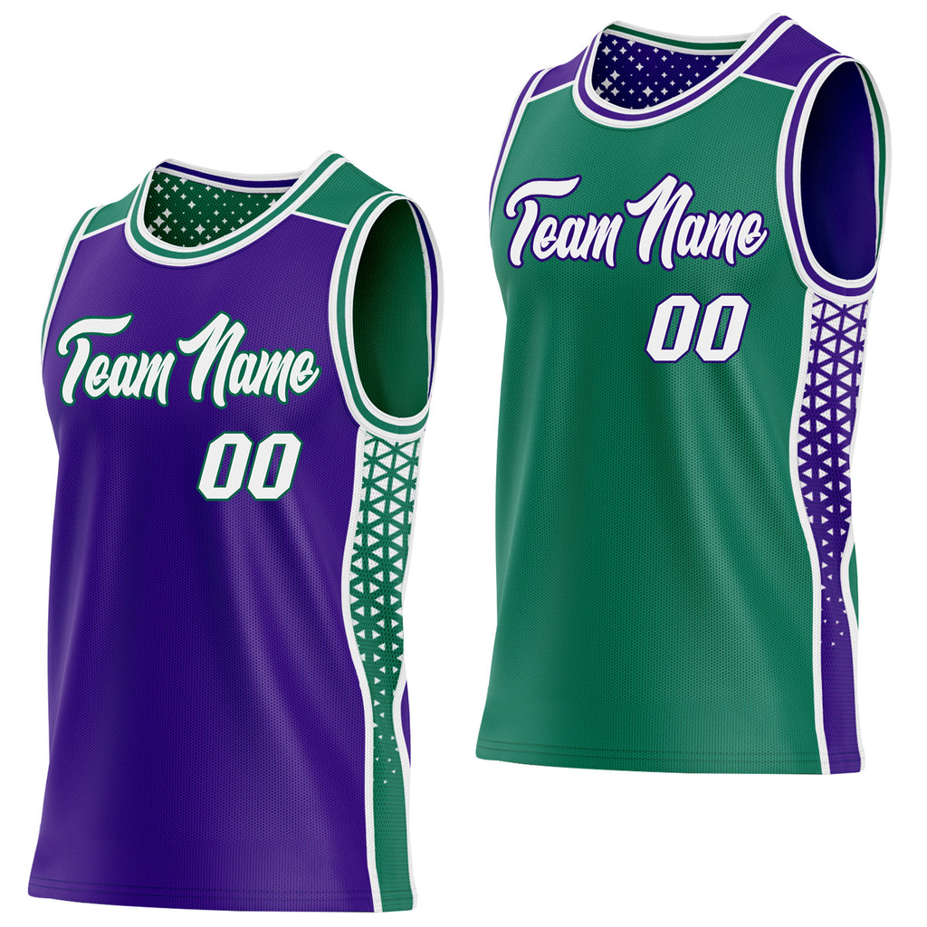 Custom Purple White-Kelly Green Side Panel Stripe Geometric Triangle Gradient Dot Reversible Double Side Sublimation Basketball Set Jersey