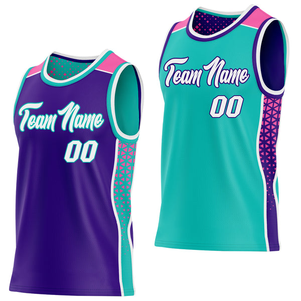 Custom Purple White Aqua-Pink Side Panel Stripe Geometric Triangle Gradient Dot Reversible Double Side Sublimation Basketball Set Jersey