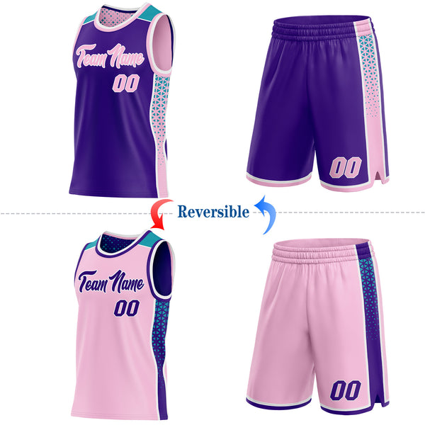 Custom Purple Light Pink White-Teal Side Panel Stripe Geometric Triangle Gradient Dot Reversible Double Side Sublimation Basketball Set Jersey