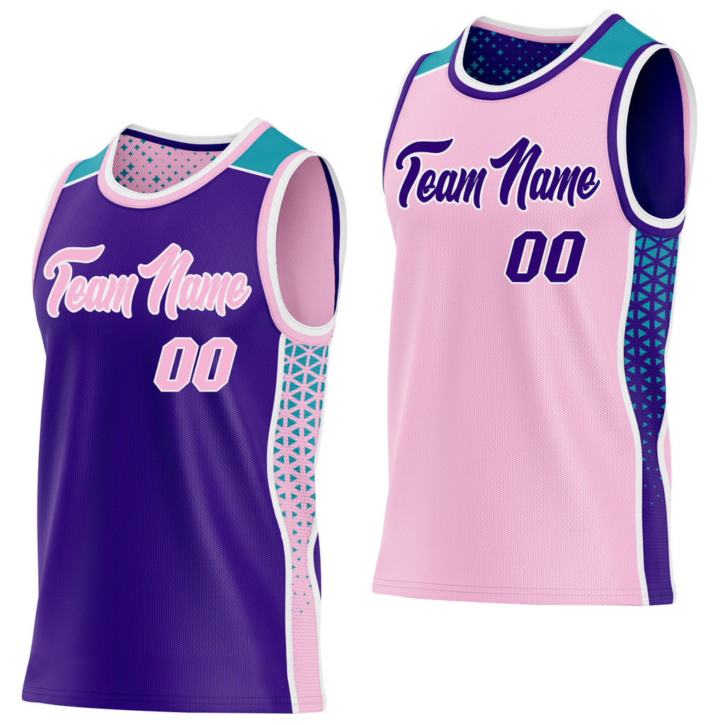 Custom Purple Light Pink White-Teal Side Panel Stripe Geometric Triangle Gradient Dot Reversible Double Side Sublimation Basketball Set Jersey