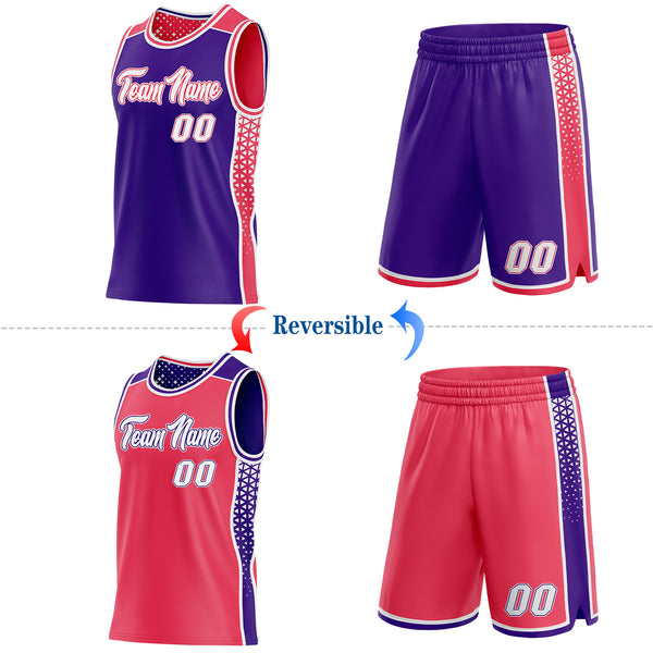 Custom Purple White-Neon Pink Side Panel Stripe Geometric Triangle Gradient Dot Reversible Double Side Sublimation Basketball Set Jersey