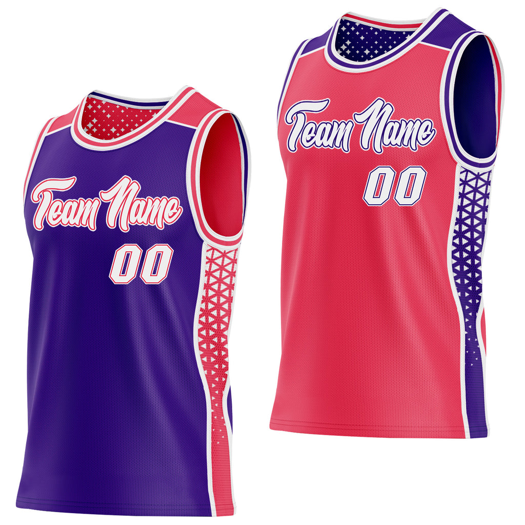 Custom Purple White-Neon Pink Side Panel Stripe Geometric Triangle Gradient Dot Reversible Double Side Sublimation Basketball Set Jersey