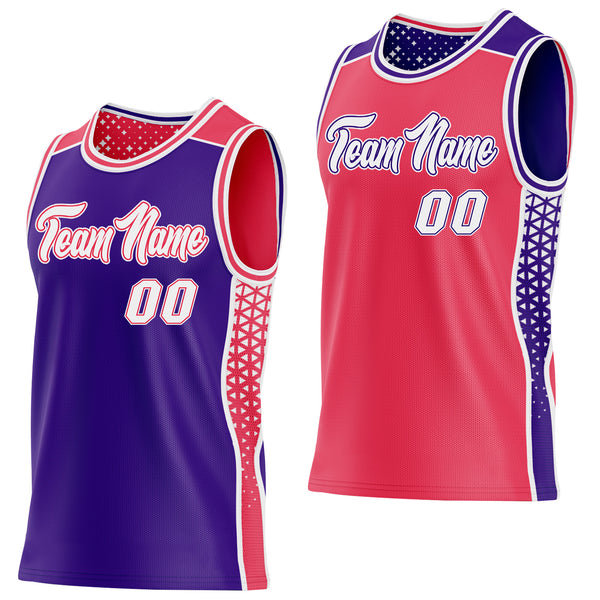 Custom Purple White-Neon Pink Side Panel Stripe Geometric Triangle Gradient Dot Reversible Double Side Sublimation Basketball Set Jersey