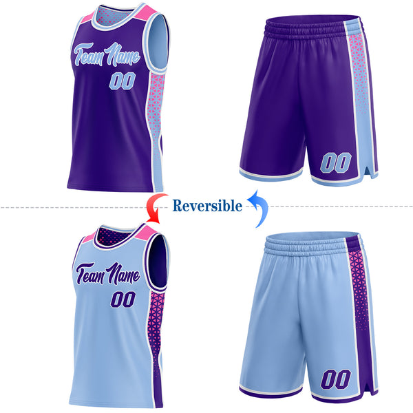 Custom Purple Light Blue White-Pink Side Panel Stripe Geometric Triangle Gradient Dot Reversible Double Side Sublimation Basketball Set Jersey