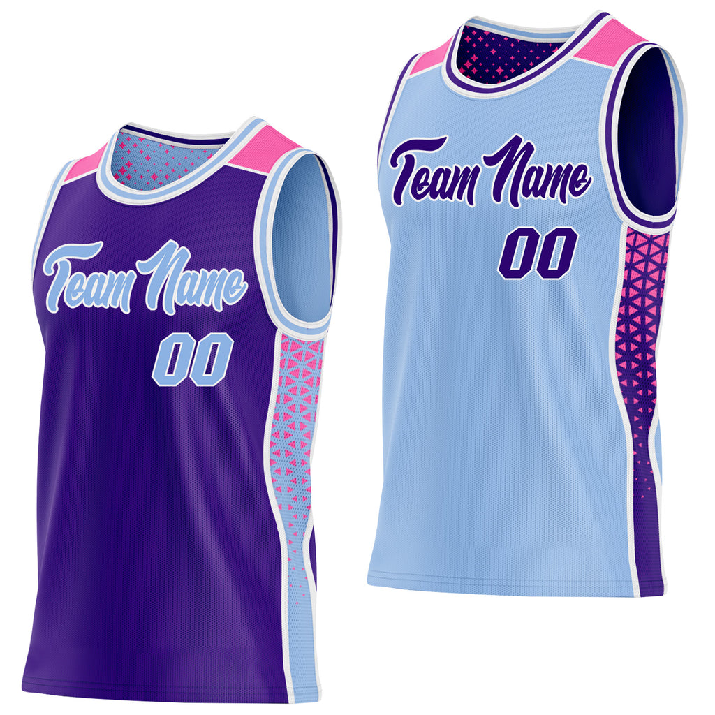 Custom Purple Light Blue White-Pink Side Panel Stripe Geometric Triangle Gradient Dot Reversible Double Side Sublimation Basketball Set Jersey