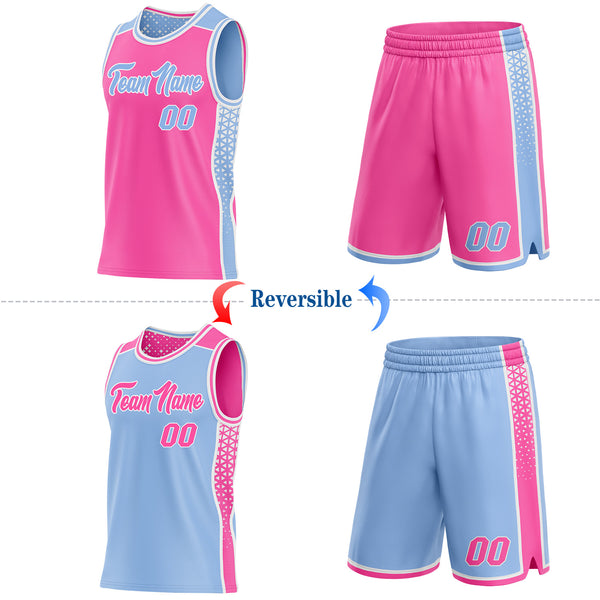 Custom Pink Light Blue-White Side Panel Stripe Geometric Triangle Gradient Dot Reversible Double Side Sublimation Basketball Set Jersey