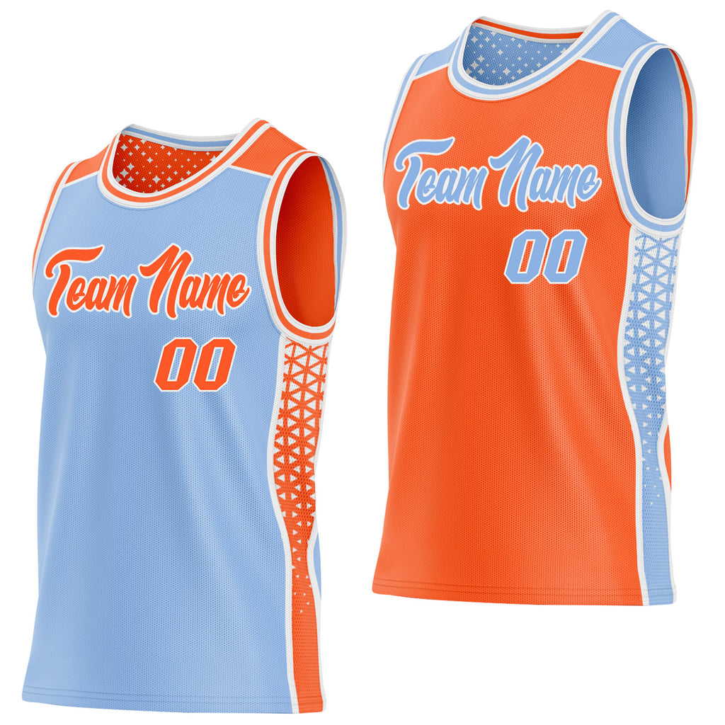 Custom Light Blue Orange-White Side Panel Stripe Geometric Triangle Gradient Dot Reversible Double Side Sublimation Basketball Set Jersey