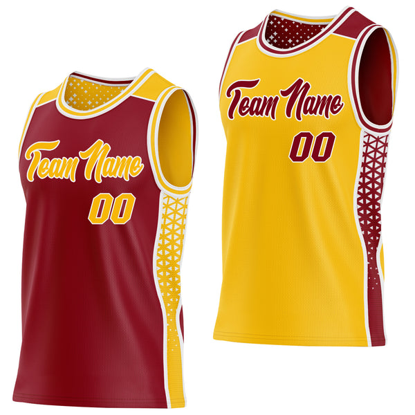 Custom Maroon Gold-White Side Panel Stripe Geometric Triangle Gradient Dot Reversible Double Side Sublimation Basketball Set Jersey