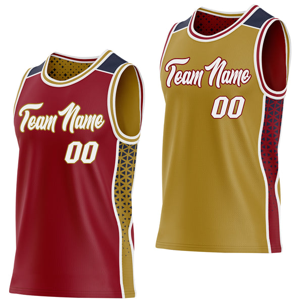 Custom Maroon White Old Gold-Navy Side Panel Stripe Geometric Triangle Gradient Dot Reversible Double Side Sublimation Basketball Set Jersey