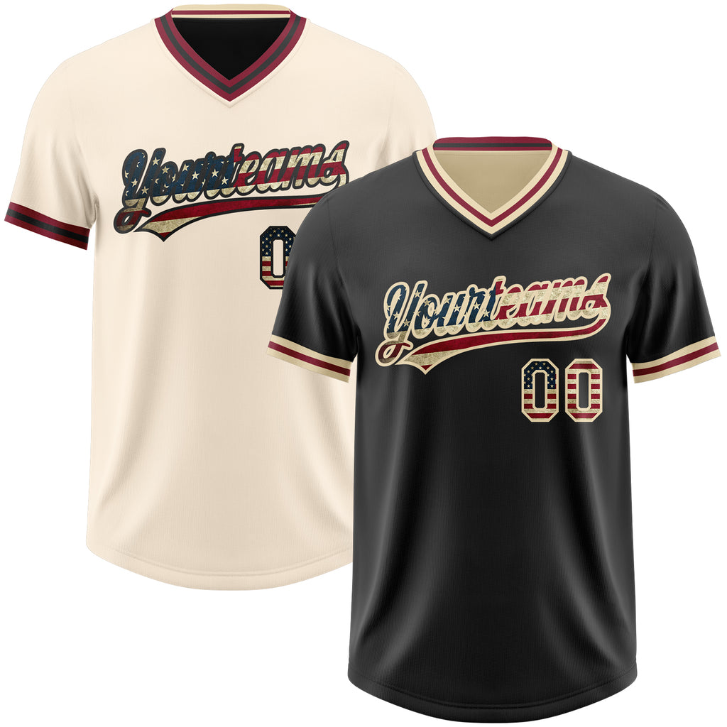 Custom Black Vintage USA Flag Cream-Crimson Reversible Pullover Baseball Jersey Shirt