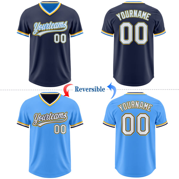 Custom Navy White Electric Blue-Gold Reversible Pullover Baseball Jersey Shirt