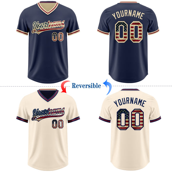 Custom Navy Vintage USA Flag Cream-Crimson Reversible Pullover Baseball Jersey Shirt