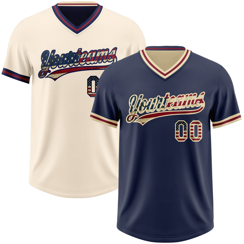 Custom Navy Vintage USA Flag Cream-Crimson Reversible Pullover Baseball Jersey Shirt