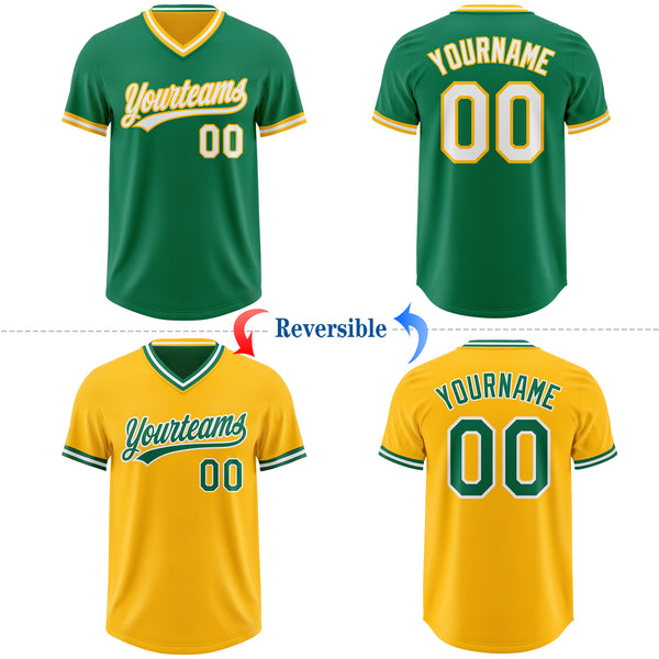 Custom Kelly Green White-Gold Reversible Pullover Baseball Jersey Shirt