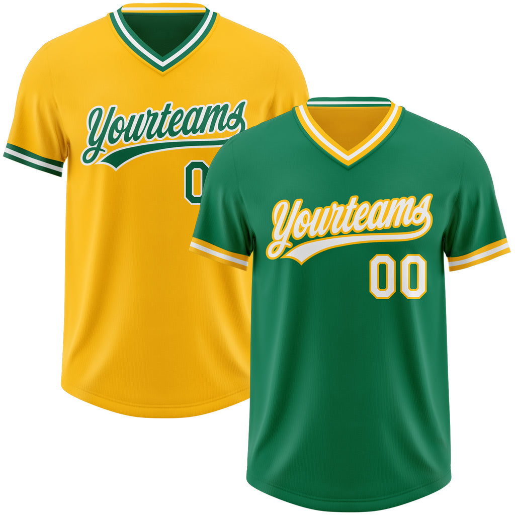 Custom Kelly Green White-Gold Reversible Pullover Baseball Jersey Shirt