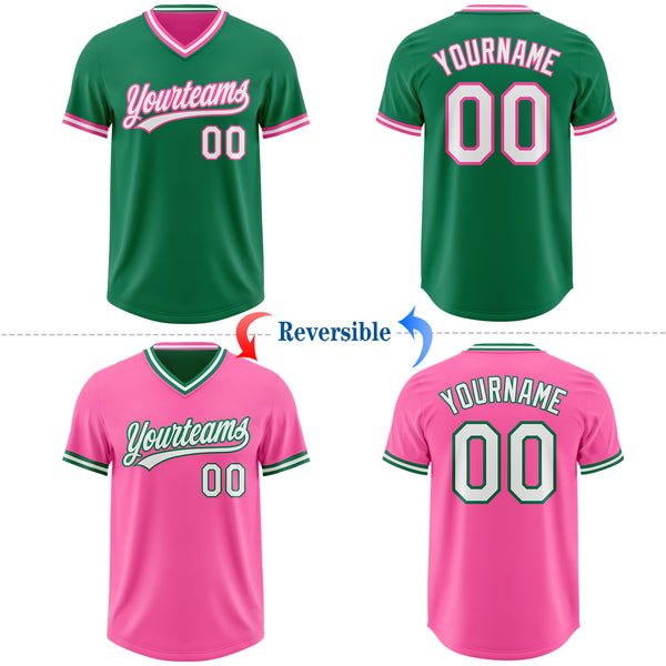 Custom Kelly Green White-Pink Reversible Pullover Baseball Jersey Shirt