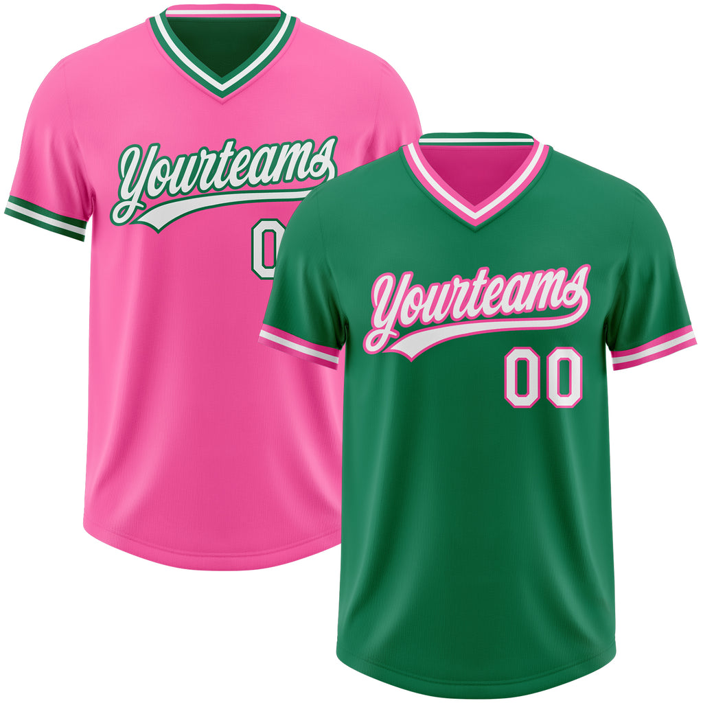 Custom Kelly Green White-Pink Reversible Pullover Baseball Jersey Shirt