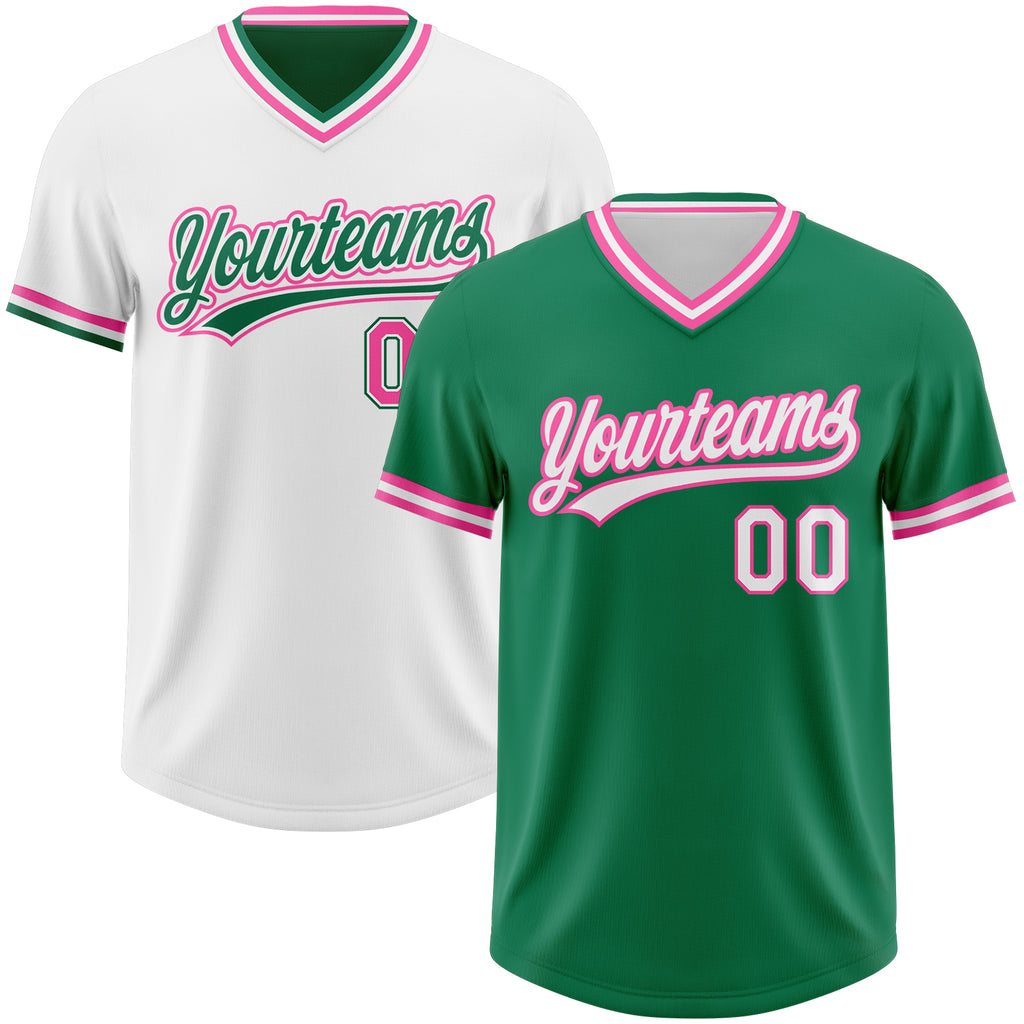 Custom Kelly Green White-Pink Reversible Pullover Baseball Jersey Shirt