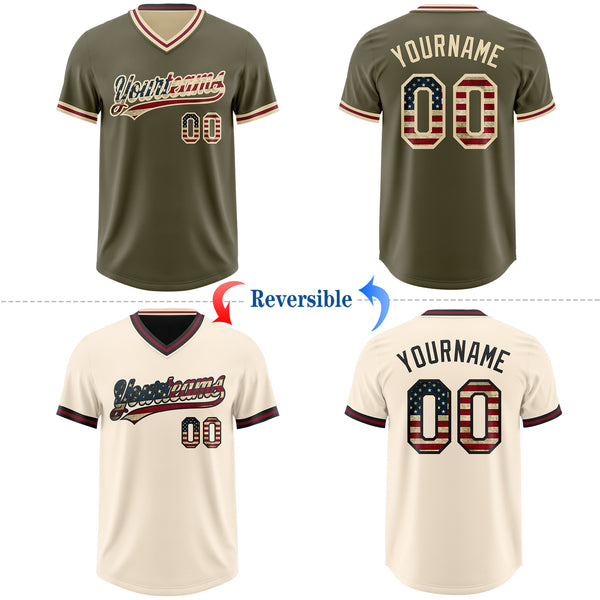 Custom Olive Vintage USA Flag Cream-Crimson Reversible Pullover Baseball Jersey Shirt