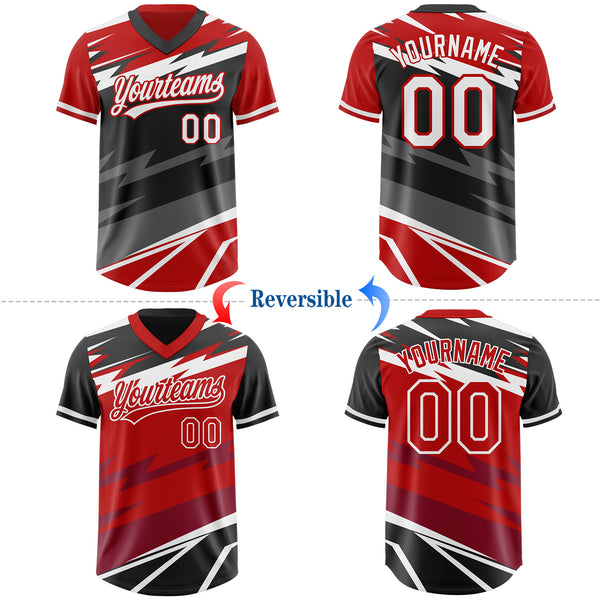 Custom Red Black Lightning Geometric Zigzag Reversible Pullover Baseball Jersey Shirt