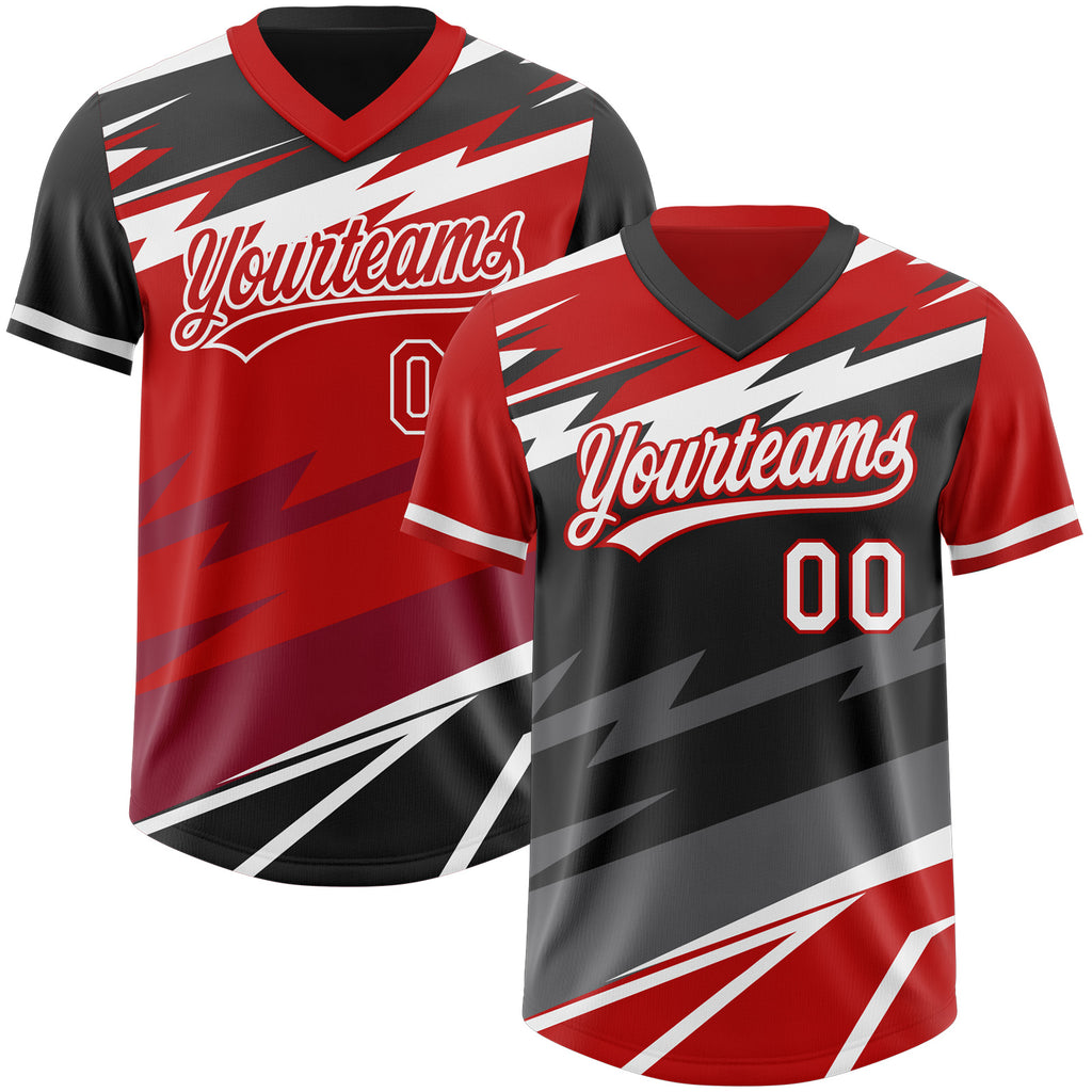 Custom Red Black Lightning Geometric Zigzag Reversible Pullover Baseball Jersey Shirt
