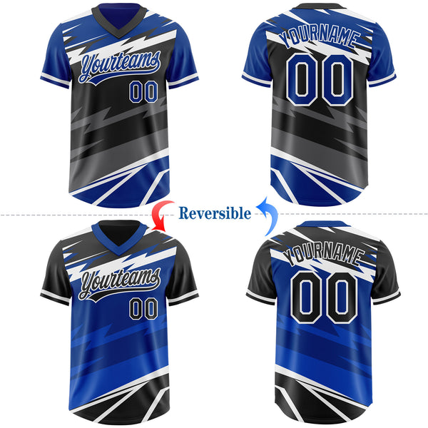 Custom Royal Black Lightning Geometric Zigzag Reversible Pullover Baseball Jersey Shirt