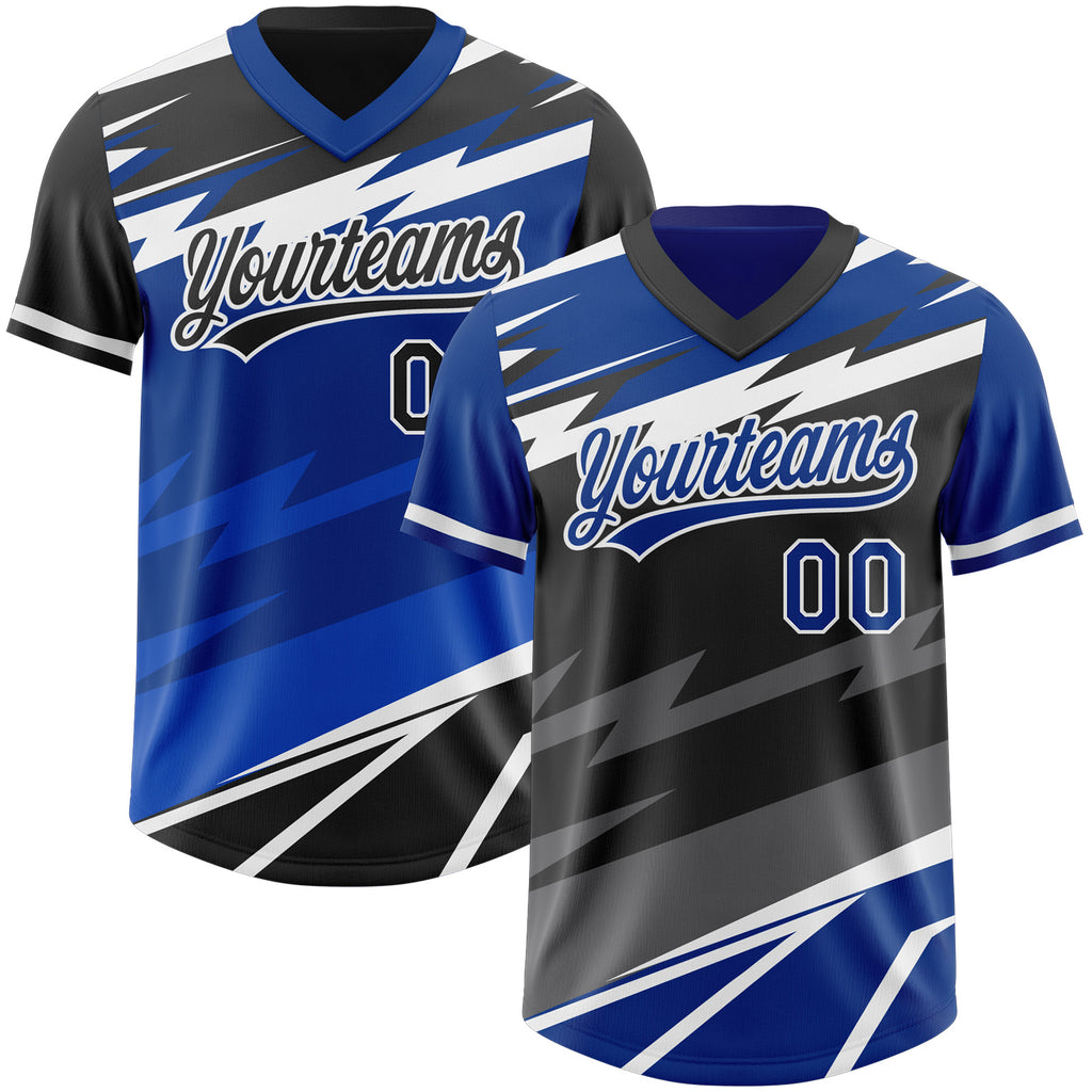 Custom Royal Black Lightning Geometric Zigzag Reversible Pullover Baseball Jersey Shirt