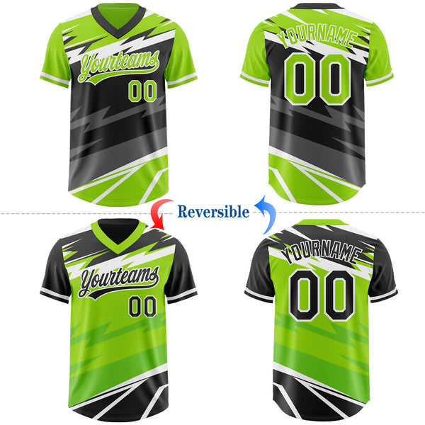 Custom Neon Green Black Lightning Geometric Zigzag Reversible Pullover Baseball Jersey Shirt