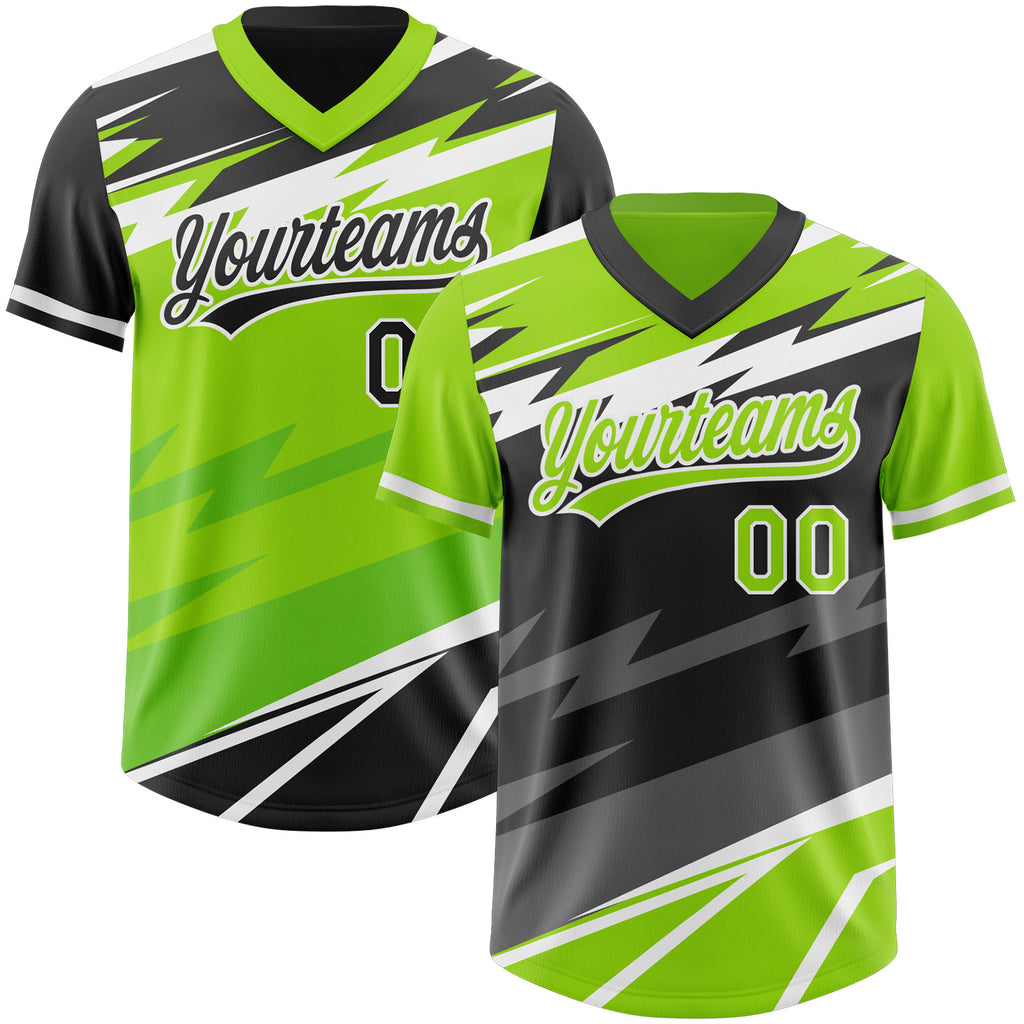 Custom Neon Green Black Lightning Geometric Zigzag Reversible Pullover Baseball Jersey Shirt