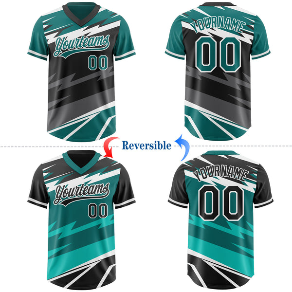 Custom Teal Black Lightning Geometric Zigzag Reversible Pullover Baseball Jersey Shirt