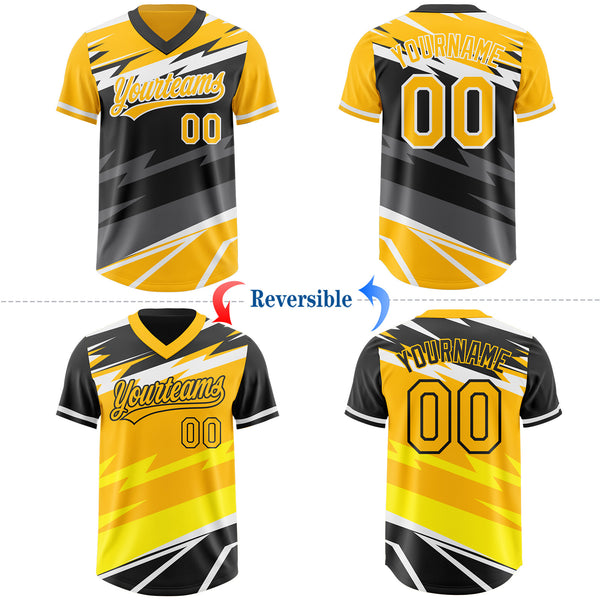 Custom Gold Black Lightning Geometric Zigzag Reversible Pullover Baseball Jersey Shirt