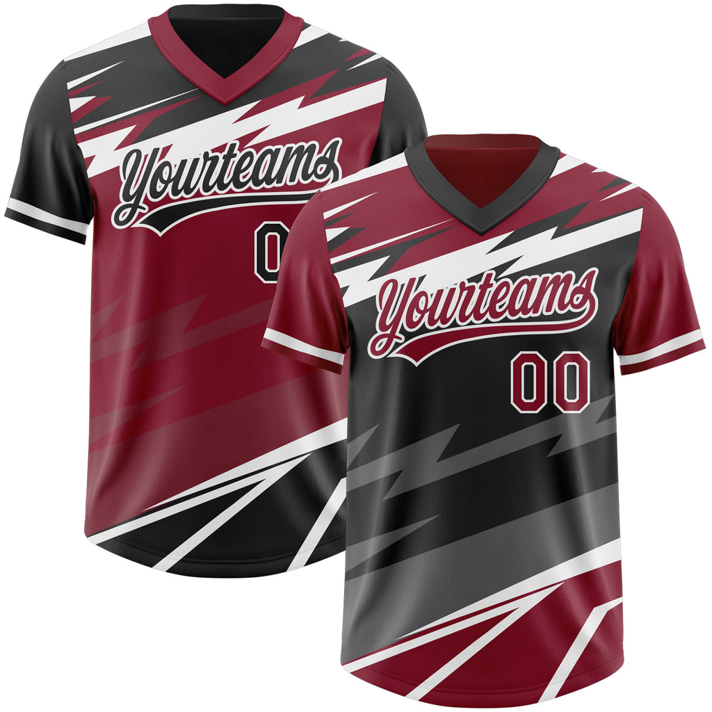Custom Crimson Black Lightning Geometric Zigzag Reversible Pullover Baseball Jersey Shirt