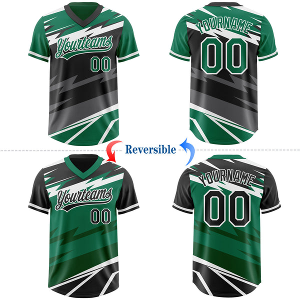 Custom Kelly Green Black Lightning Geometric Zigzag Reversible Pullover Baseball Jersey Shirt