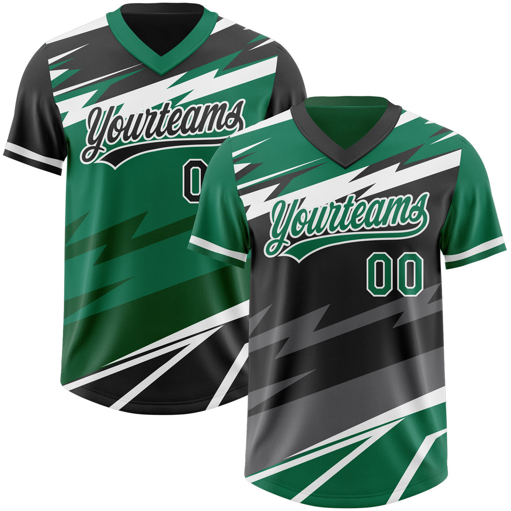 Custom Kelly Green Black Lightning Geometric Zigzag Reversible Pullover Baseball Jersey Shirt