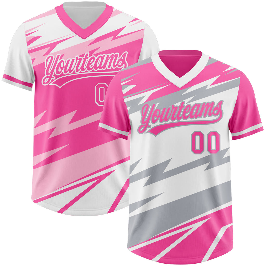 Custom Pink White Lightning Geometric Zigzag Reversible Pullover Baseball Jersey Shirt