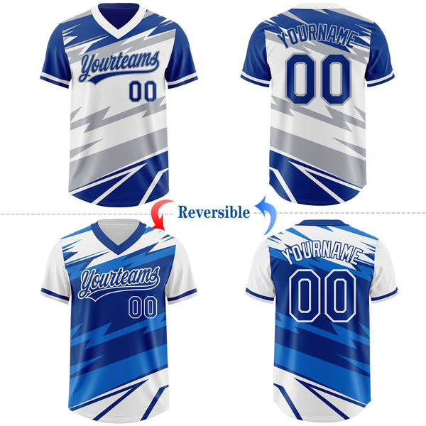 Custom Royal White Lightning Geometric Zigzag Reversible Pullover Baseball Jersey Shirt