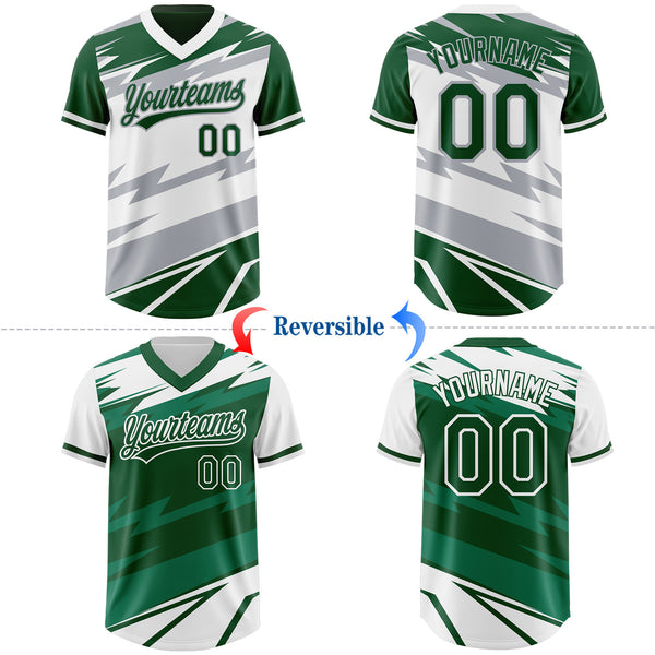 Custom Green White Lightning Geometric Zigzag Reversible Pullover Baseball Jersey Shirt