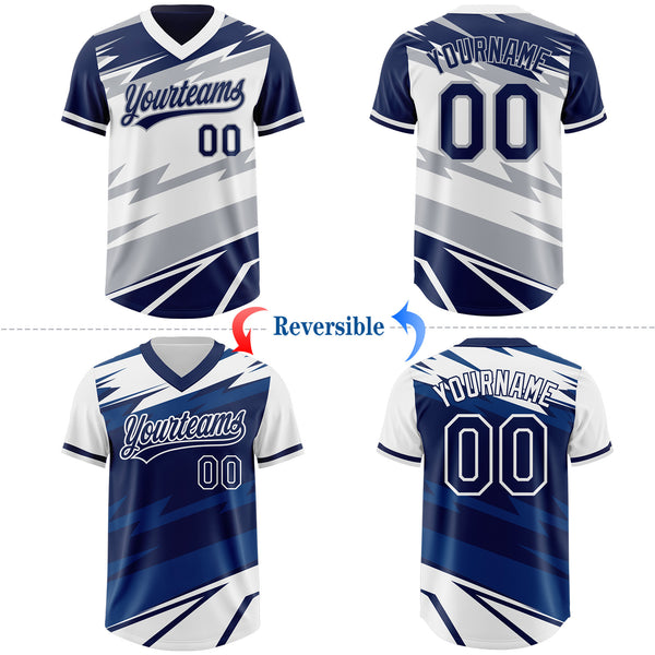 Custom Navy White Lightning Geometric Zigzag Reversible Pullover Baseball Jersey Shirt