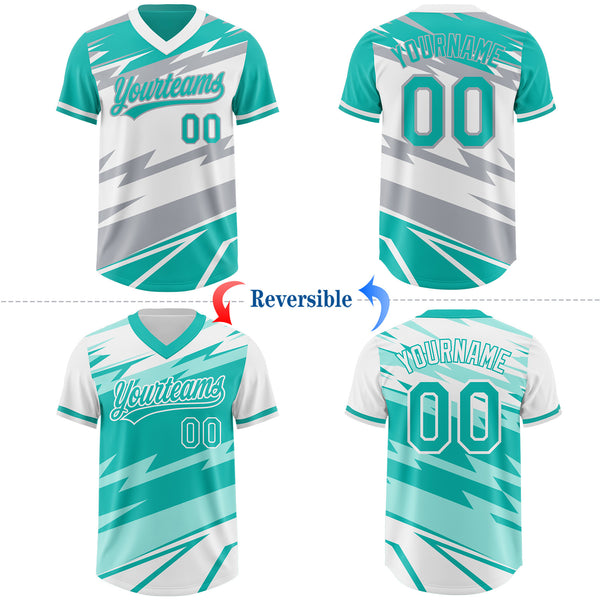 Custom Aqua White Lightning Geometric Zigzag Reversible Pullover Baseball Jersey Shirt