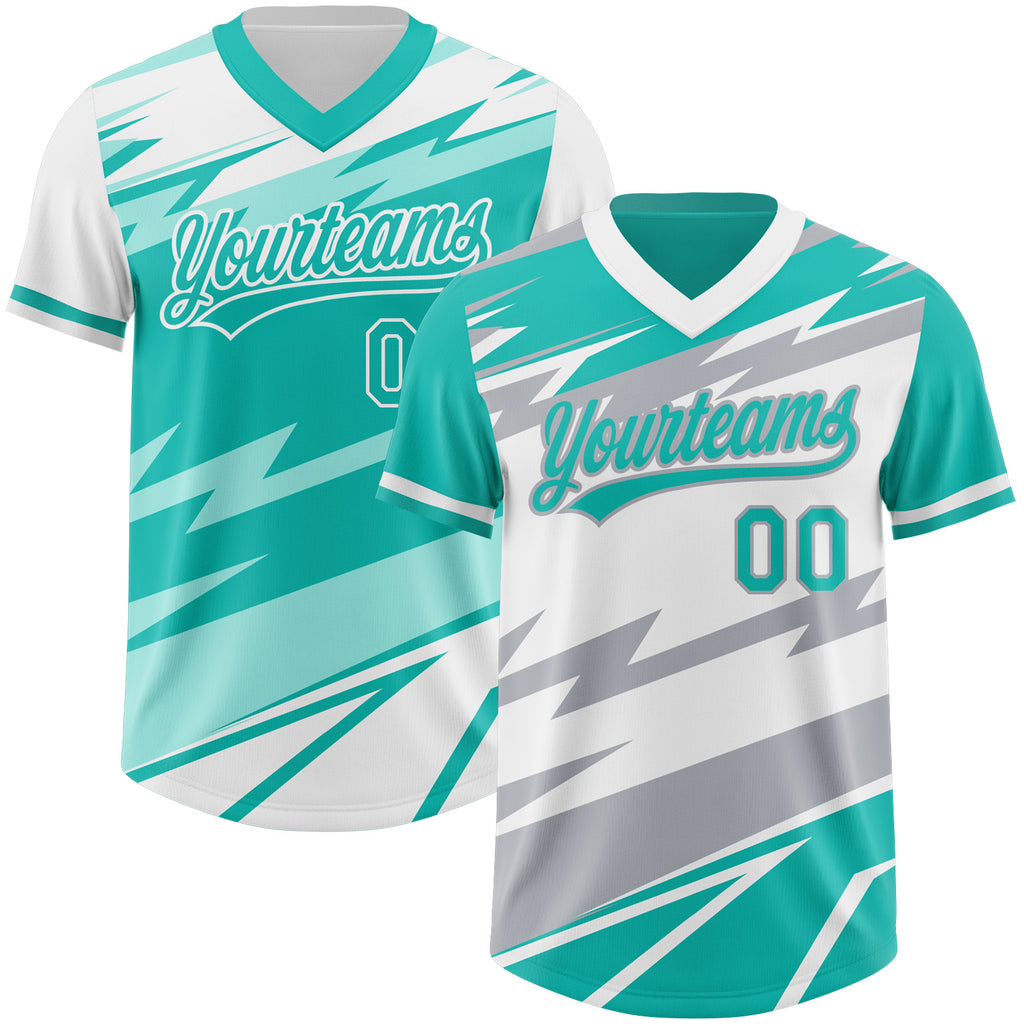 Custom Aqua White Lightning Geometric Zigzag Reversible Pullover Baseball Jersey Shirt